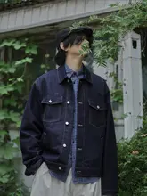襟付きデニムジャケット【男性用・ショート・ユニフォームスタイル・ダークカラー・秋用】