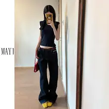 高身長向け ダークブルー ローライズストレートデニムパンツ【ワイドレッグ・ルーズフィット】（セットアップ対応）