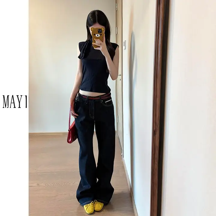 高身長向け ダークブルー ローライズストレートデニムパンツ【ワイドレッグ・ルーズフィット】（セットアップ対応）