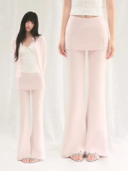 フレアパンツ レディース フェイクレイヤード 重ね着 小柄向け ピンク 「weekendhub」