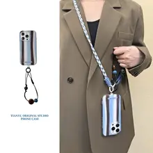 おしゃれなブルーとブラウンのストライプデザインiPhone用ケース【高級感・13琥珀珠付き・斜め掛け対応】