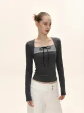 秋春用バイカラーリボン付きTシャツ【ドット柄・ストライプ・スクエアネック・ 極上の柔らかさ】（セットアップ対応）