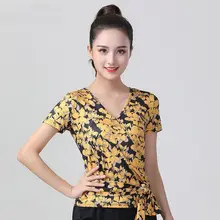 ラテン舞踊用 レディース Vネック ゆったりフィット 短袖トップス【ダンス練習・華やかなプリントデザイン】
