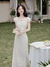 美しい刺繍のフレアドレス【夏用・フランス風・フィッシュテールデザイン】