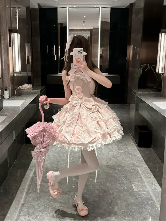 ピンクローズのロリータドレス【可愛いデザイン・華やかなプリンセススタイル】（セットアップ対応）