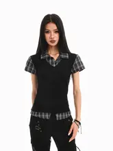 アメリカンレトロチェック柄シャツ衿半袖Tシャツ【夏用・学院風・フィットデザイン】（セットアップ対応）