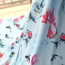 水墨風金魚デザインの布地【天ブルー・雪紡・漢服装飾用】