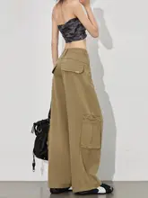 アメリカンカジュアル風ワイドレッグデニムパンツ【ハイウエスト・大きなポケット付き・スリム効果】