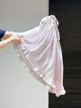 グレーのハイウエストゴムウエストフリルデザインのスカート【Aライン・ミモレ丈・夏用】