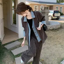 デザイン性のある軽やかな印象！フェイク二重のカジュアルジャケットとスリム長ズボン【女性用・早春向け】（セットアップ対応）