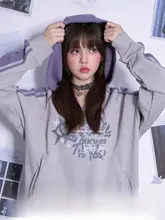 SagiDolls 女子フード付きVネックスウェットシャツ【グレー＆パープル・ゆったりシルエット】
