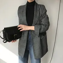 レトロチェック柄のダブルボタン長袖ジャケット【女性用・2ポケット・ルーズフィット】