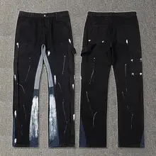 工業デザインのビンテージ風ペイント加工デニムパンツ【微フレア・ワークスタイル】