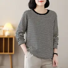 ストライプ柄 レディース Tシャツ【大きいサイズ・丸首・長袖・ルーズフィット】