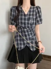 極上の柔らかさのチェック柄 半袖シャツ【女性用・ウエストシェイプデザイン】（セットアップ対応）