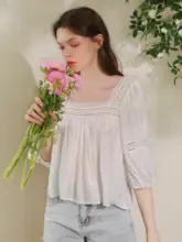 春夏用 シルクコットン ホワイト 方形ネック  レース フリル パフスリーブ ティーシャツ