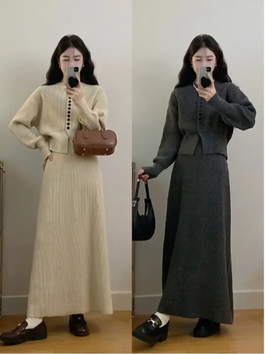 大きいサイズのニットスカートドレス【レイヤードスタイル・秋冬用・体型カバー・二分割デザイン】（セットアップ対応）