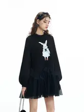 ラウンドネックのクラウンウサギプリントAラインドレス【レースの切り替え】（セットアップ対応）