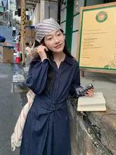 深い青の長袖デニムシャツワンピース【ウエストマーク・秋用】
