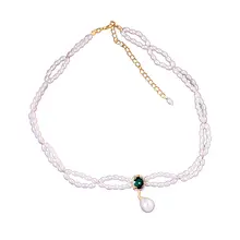 二重パールネックレス【グリーンダイヤモンドの雫ペンダント・鎖骨チェーン・エレガントなデザイン】