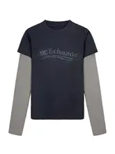ロゴプリント長袖Tシャツ【カラー切替・二重袖・カジュアル】と微フレアパンツ【低ウエスト・春用】（セットアップ対応）
