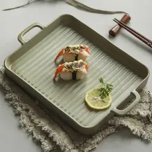 和風デザインの陶器製二つ耳付き焼き皿【長方形・レトロ・シンプル】