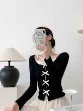 バレリーナスタイルのリボン付きフィットニットトップス【フェミニンデザイン・半袖・シンプル】（セットアップ対応）