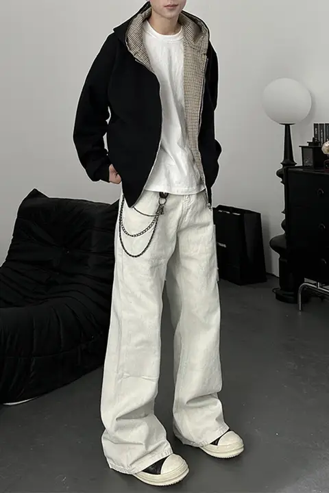 XCOK メンズクラシックブルーデザインデニムパンツ【ホワイト・ストレート・ミニフレア】