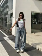 ヴィンテージ風 レディースワイドレッグデニムパンツ【ゆったりタイプ・ブルー・ロング丈】