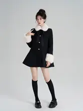 フランス風 ブラックウールコート【冬用・厚手・毛襟付き・中長丈】