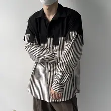 デザイン性高いストライプ柄ワークシャツ【ユニセックス・ルーズフィット】