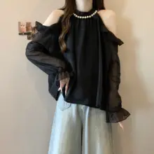 大きいサイズ フレンチスタイル ノースリーブ長袖ブラウス【春用・シフォン・オフショルダー】