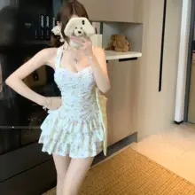 フラワープリントのフリル付きキャミソールワンピース水着【保守的デザイン・女性用・  夏用】（セットアップ対応）