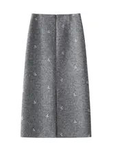 グレーウール Aライン刺繍フラワーハーフスカート【秋冬向け】