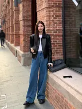 黒の翻領レトロPUレザーアウター【ゆったりフィット・バイクジャケット・ジッパー短丈】