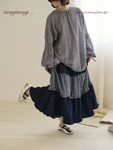 デザイン性のあるデニム切替シフォンロングスカート【秋用・ゆったりシルエット・女性用】（  セットアップ対応）