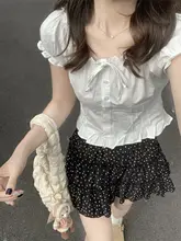 フレンチスタイル 白色パフスリーブブラウス【夏用・ウエスト絞り・フリル付き】