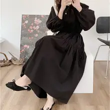 ドレス 女性 春夏 ルーズ 長袖 しわ加工 パッチワーク フランス風 ウエスト絞り スリム エレガント
