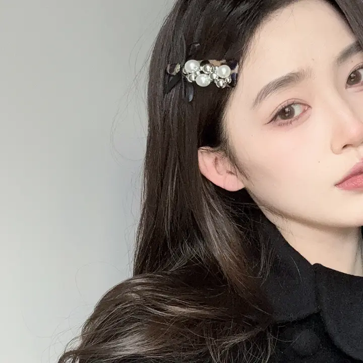 ヴィンテージ風ヒョウ柄パール付きリボンヘアクリップ【エレガント・秋冬用】