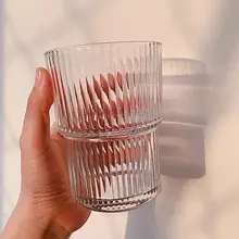 ストライプデザイン ガラス製コーヒーカップ【フタ付き・ストロー付き・家庭用・アイスカフェラテ・ミルク用】