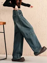 深い青のワイドレッグデニムパンツ【高ウエスト・ゆったりフィット・ストレートスタイル】