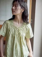 刺繍入り短袖Vネックシャツ【夏用・海沫緑・レディース・シフォン】