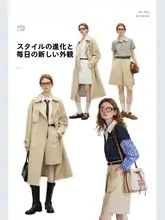 カキ色のトレンチコートとショートパンツの女性用ファッション【春用・復古スタイル・ミディ丈・イギリス風】（セットアップ対応）