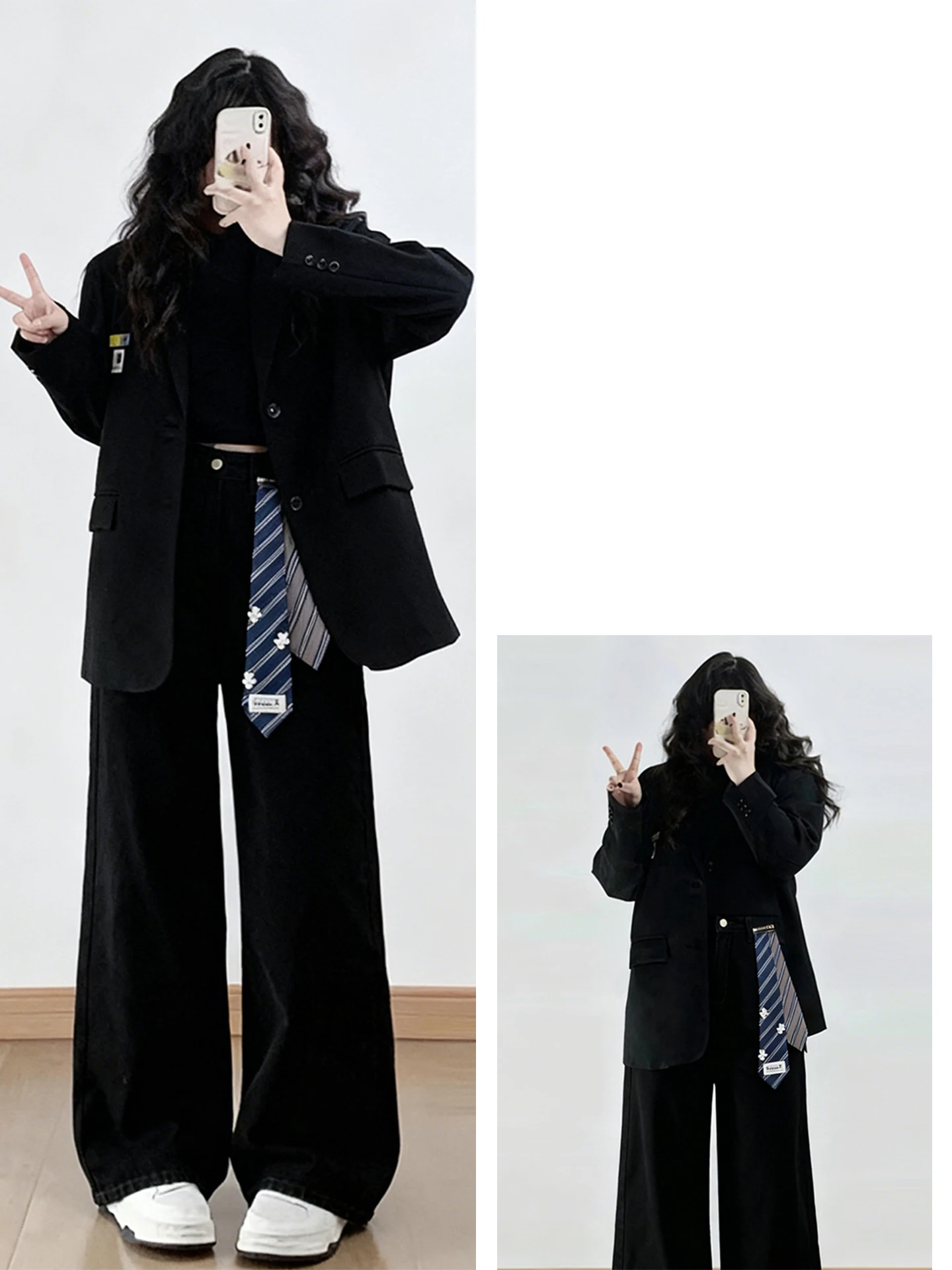 黒いデニムパンツの服合わせ：韓国風ワイドレッグが四季をカバーする実用性