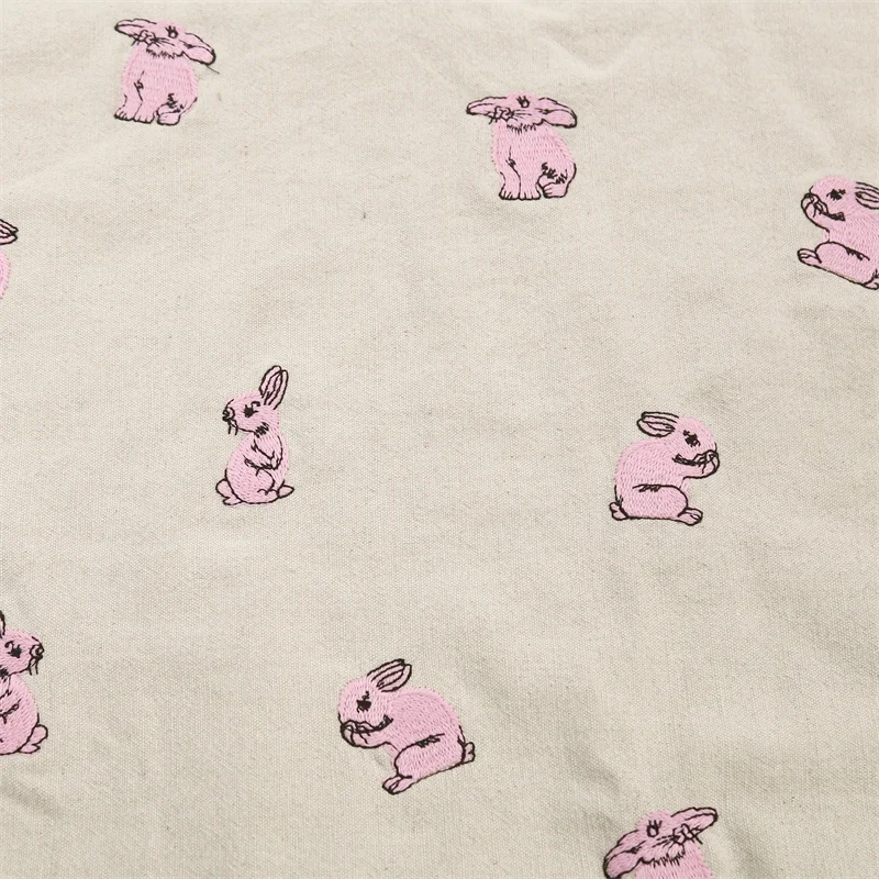 厚手麻混紡生地のうさぎ刺繍：ハンドメイド用クッションやテーブルクロスに最適な素材