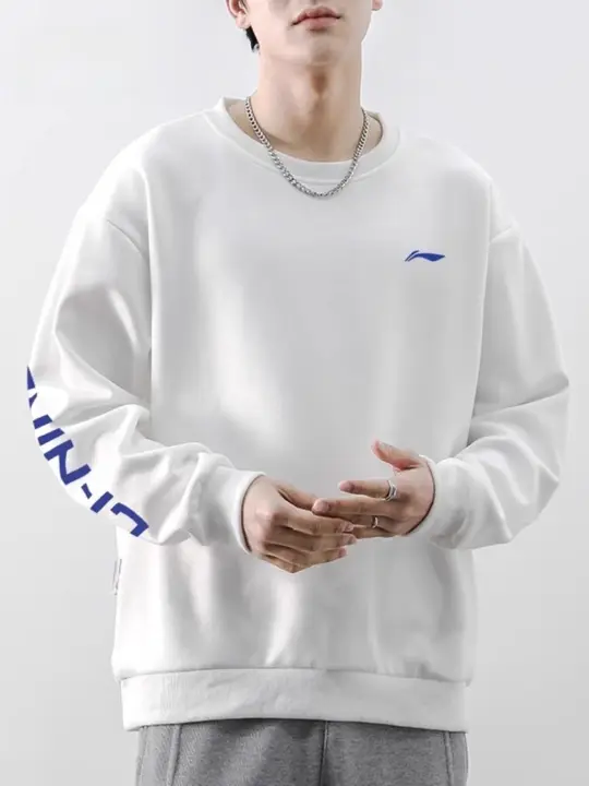 Li-Ning メンズスウェットシャツ【春秋用・無帽・ラウンドネック・長袖・カジュアルコットン】