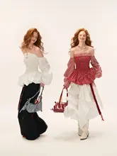 ストライプデザインのバブルスカートドレス【ホワイト・ウエストマーク・長袖】