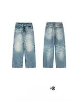 デニムパンツ ユニセックス アメカジ ヴィンテージ ヒゲ加工 ウォッシュド ハイウエスト ストレート ワイドシルエット ルーズ カジュアル 「K787」