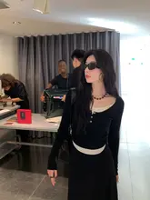 ニットシャツ 女性 秋 Uネック ギャザー デザイン スリム カラーコンビネーション 長袖