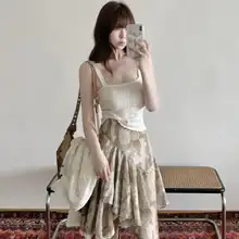 アメリカンビンテージスタイルのレースプリント不規則シフォンリネンミディスカート【コーヒー色・春秋用】